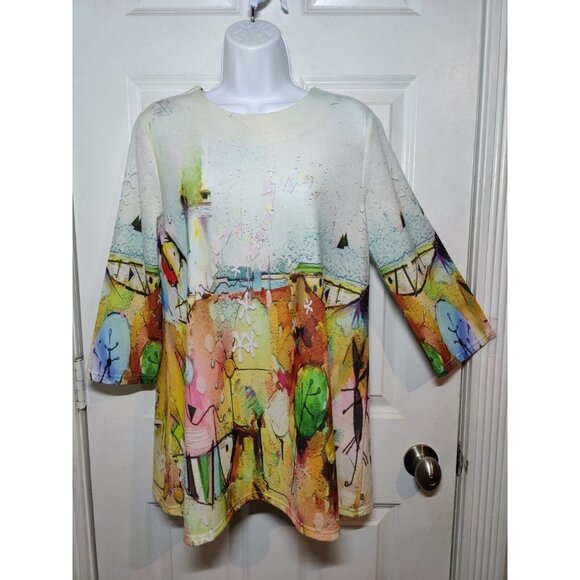 Lily London Abstract Outdoor Scene Art-To-Wear Relaxed Fit 3/4-Sleeve Top S - Picture 1 of 11